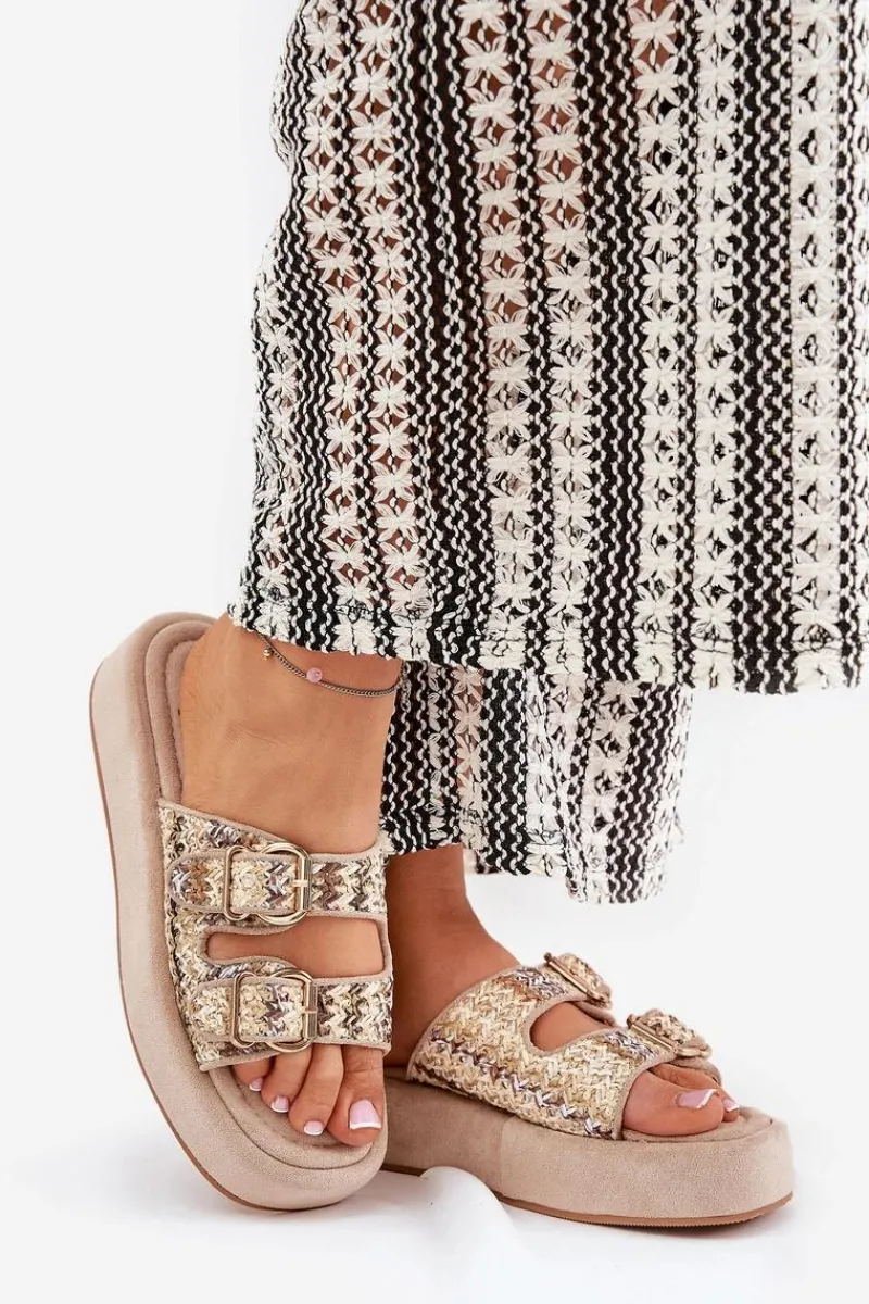 Klapki Na Platformie|Klapki Damskie Klasyczne>Boto Klapki Damskie Na Platformie Z Klamrami I Plecionką Khaki Limme Beżowy