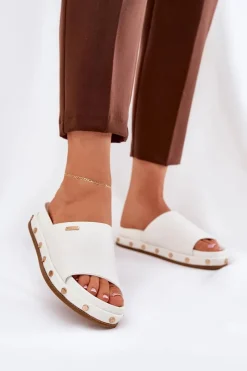 Klapki Damskie Big Star|Klapki Na Platformie>Big Star Shoes Klapki Damskie Na Platformie Z Ćwiekami Big Star RR274216 Białe Biały