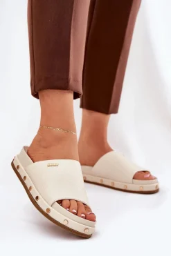 Sale Klapki Damskie Na Platformie Z Ćwiekami Big Star RR274215 Beżowe Damskie Klapki Damskie Big Star|Klapki Na Platformie