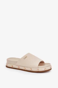 Sale Klapki Damskie Na Platformie Z Ćwiekami Big Star RR274215 Beżowe Damskie Klapki Damskie Big Star|Klapki Na Platformie