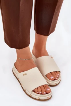 Sale Klapki Damskie Na Platformie Z Ćwiekami Big Star RR274215 Beżowe Damskie Klapki Damskie Big Star|Klapki Na Platformie