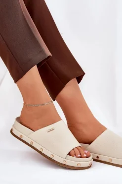 Sale Klapki Damskie Na Platformie Z Ćwiekami Big Star RR274215 Beżowe Damskie Klapki Damskie Big Star|Klapki Na Platformie