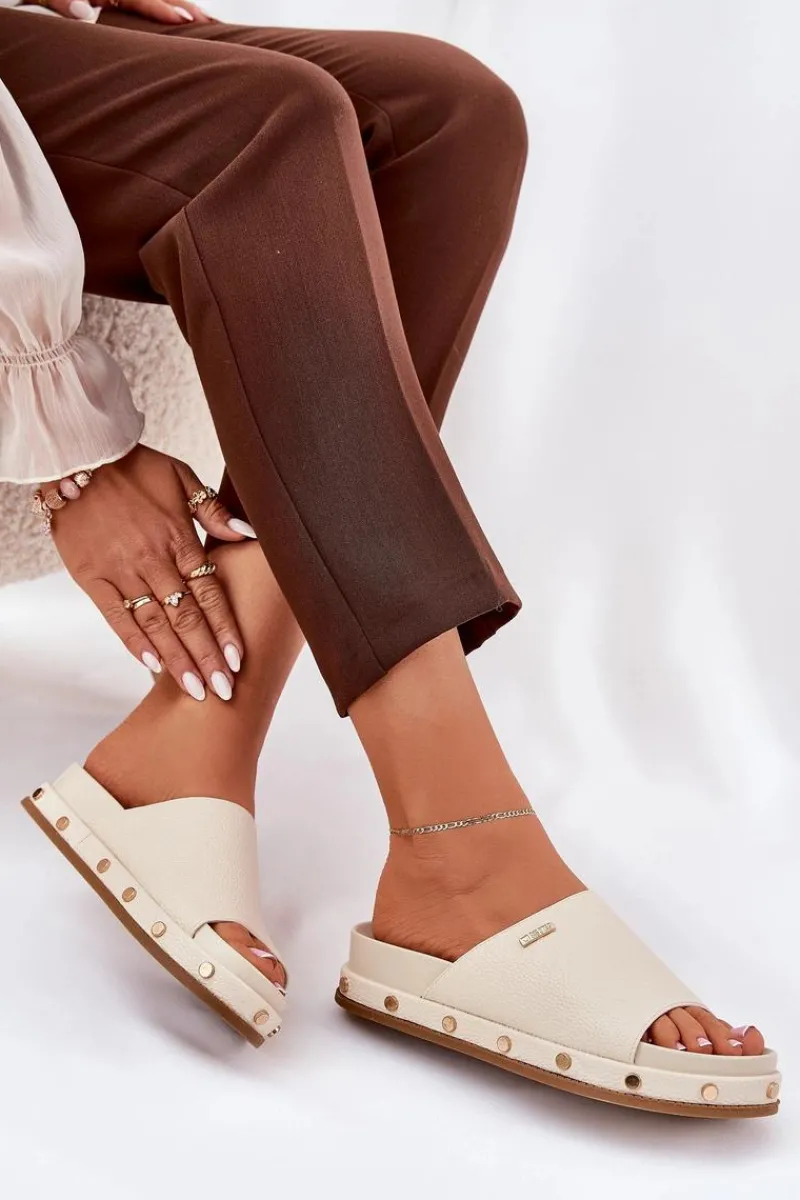 Sale Klapki Damskie Na Platformie Z Ćwiekami Big Star RR274215 Beżowe Damskie Klapki Damskie Big Star|Klapki Na Platformie