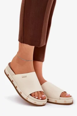 Sale Klapki Damskie Na Platformie Z Ćwiekami Big Star RR274215 Beżowe Damskie Klapki Damskie Big Star|Klapki Na Platformie