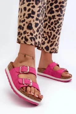 Klapki Damskie Klasyczne>Evento Klapki Damskie Na Platformie Z Klamrami Eko Zamszowe Fuksja Ursila Różowy