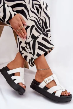 New Boto Klapki Damskie Na Platformie Z Paskami I Klamrą Białe Elimessa