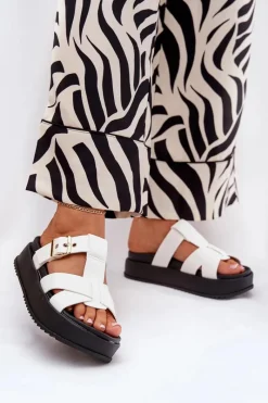 New Boto Klapki Damskie Na Platformie Z Paskami I Klamrą Białe Elimessa