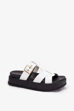 New Boto Klapki Damskie Na Platformie Z Paskami I Klamrą Białe Elimessa