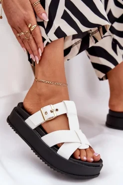 New Boto Klapki Damskie Na Platformie Z Paskami I Klamrą Białe Elimessa