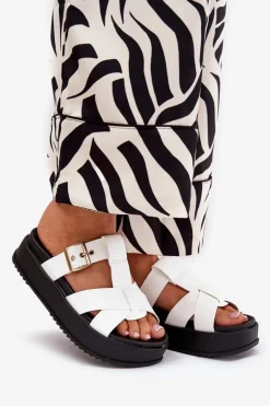 New Boto Klapki Damskie Na Platformie Z Paskami I Klamrą Białe Elimessa