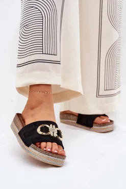 Klapki Korkowe|Klapki Na Platformie>Boto Klapki Damskie Na Platformie Z Brokatem I Złotą Ozdobą Czarne Rilirea Czarny