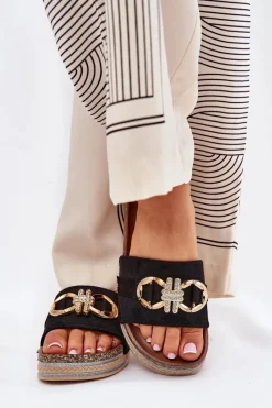 Klapki Korkowe|Klapki Na Platformie>Boto Klapki Damskie Na Platformie Z Brokatem I Złotą Ozdobą Czarne Rilirea Czarny