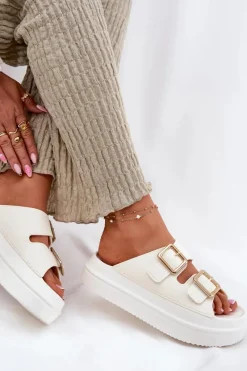 Outlet Klapki Damskie Na Platformie Ze Złotymi Klamrami Ecru Zorila Damskie Klapki Na Platformie|Klapki Damskie Klasyczne