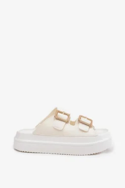Outlet Klapki Damskie Na Platformie Ze Złotymi Klamrami Ecru Zorila Damskie Klapki Na Platformie|Klapki Damskie Klasyczne