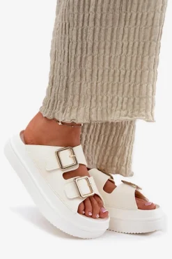 Outlet Klapki Damskie Na Platformie Ze Złotymi Klamrami Ecru Zorila Damskie Klapki Na Platformie|Klapki Damskie Klasyczne