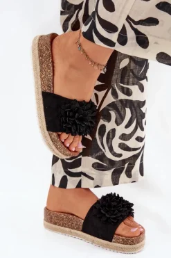 Best Boto Klapki Damskie Na Platformie Z Ozdobnymi Kwiatkami Czarne Tessara Czarny