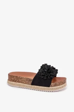 Best Boto Klapki Damskie Na Platformie Z Ozdobnymi Kwiatkami Czarne Tessara Czarny