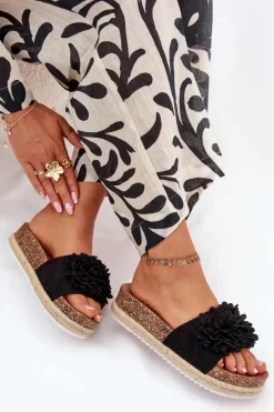 Best Boto Klapki Damskie Na Platformie Z Ozdobnymi Kwiatkami Czarne Tessara Czarny