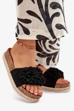 Best Boto Klapki Damskie Na Platformie Z Ozdobnymi Kwiatkami Czarne Tessara Czarny