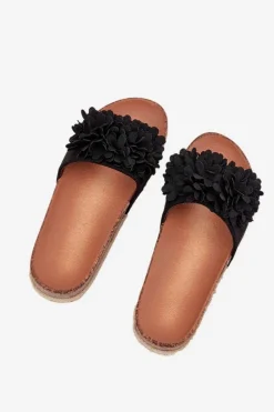 Best Boto Klapki Damskie Na Platformie Z Ozdobnymi Kwiatkami Czarne Tessara Czarny