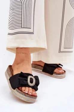 Klapki Korkowe|Klapki Na Platformie>Boto Klapki Damskie Na Platformie Z Kokardką I Ozdobną Broszką Czarne Lenela Czarny