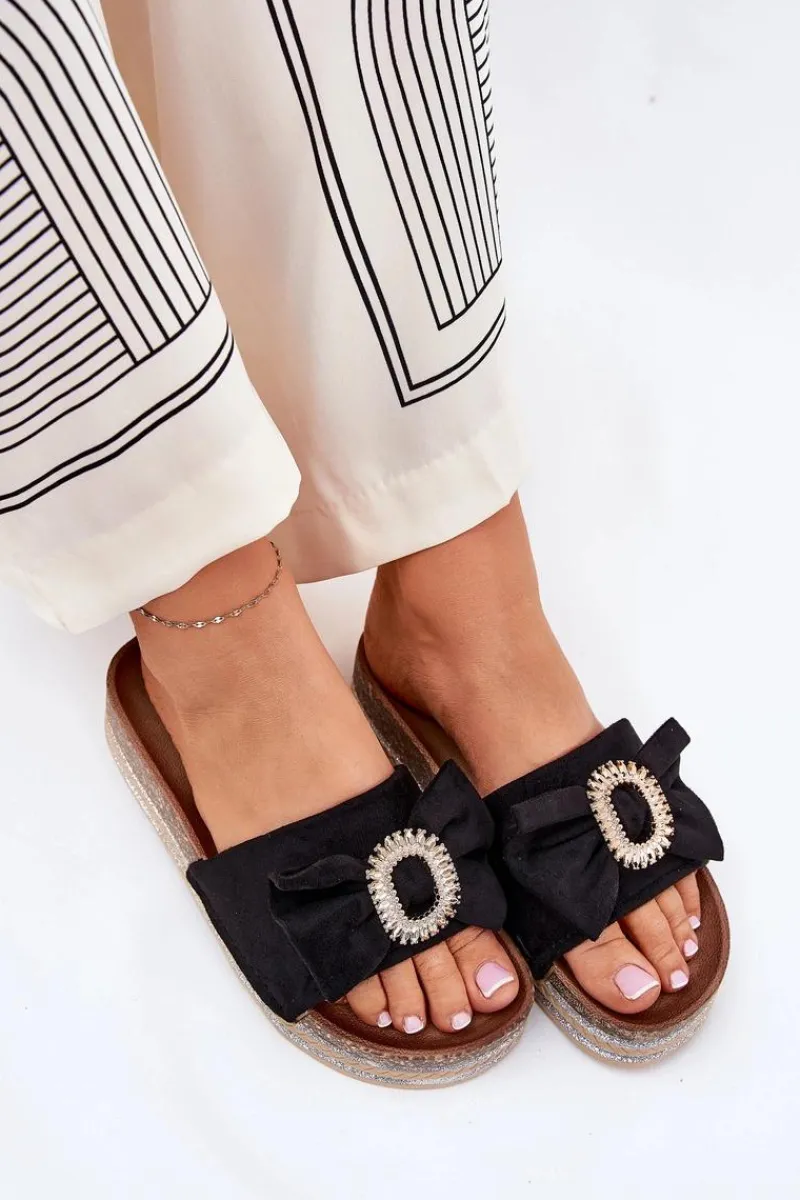 Klapki Korkowe|Klapki Na Platformie>Boto Klapki Damskie Na Platformie Z Kokardką I Ozdobną Broszką Czarne Lenela Czarny