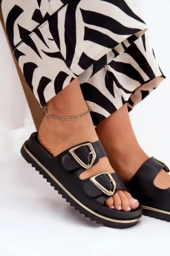 Hot Klapki Damskie Na Platformie Ze Złotymi Klamrami Czarne Tersele Damskie Klapki Na Platformie|Klapki Damskie Klasyczne