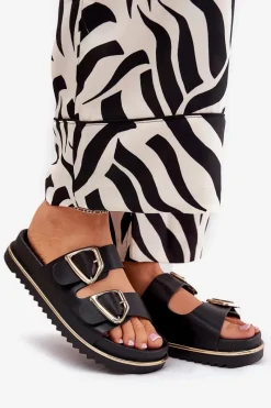 Hot Klapki Damskie Na Platformie Ze Złotymi Klamrami Czarne Tersele Damskie Klapki Na Platformie|Klapki Damskie Klasyczne