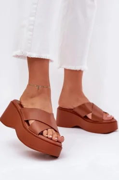 Klapki Na Koturnie|Klapki Na Platformie>Boto Klapki Damskie Na Platformie I Koturnie Camel Nelithraea Brązowy