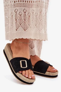 Online Boto Klapki Damskie Na Platformie Ze Złotą Klamrą Czarne Selira Czarny