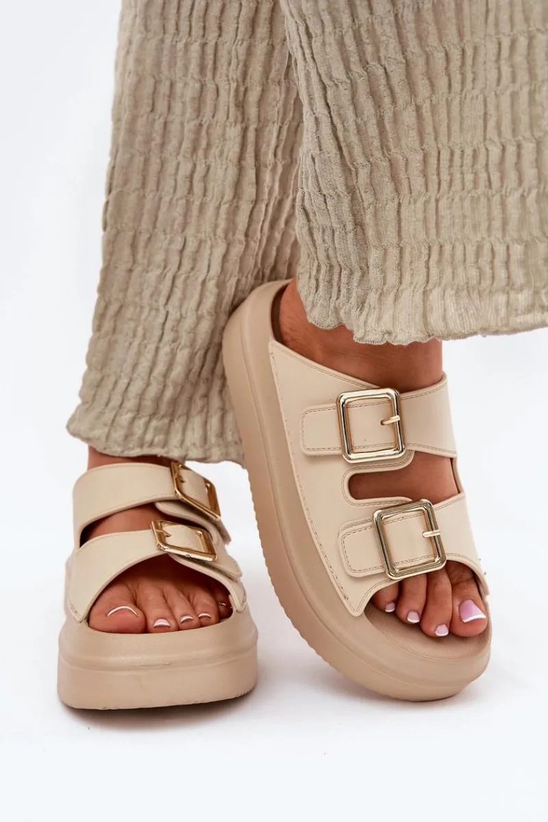 Discount Boto Klapki Damskie Na Platformie Ze Złotymi Klamrami Beżowe Zorila