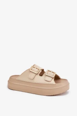 Discount Boto Klapki Damskie Na Platformie Ze Złotymi Klamrami Beżowe Zorila