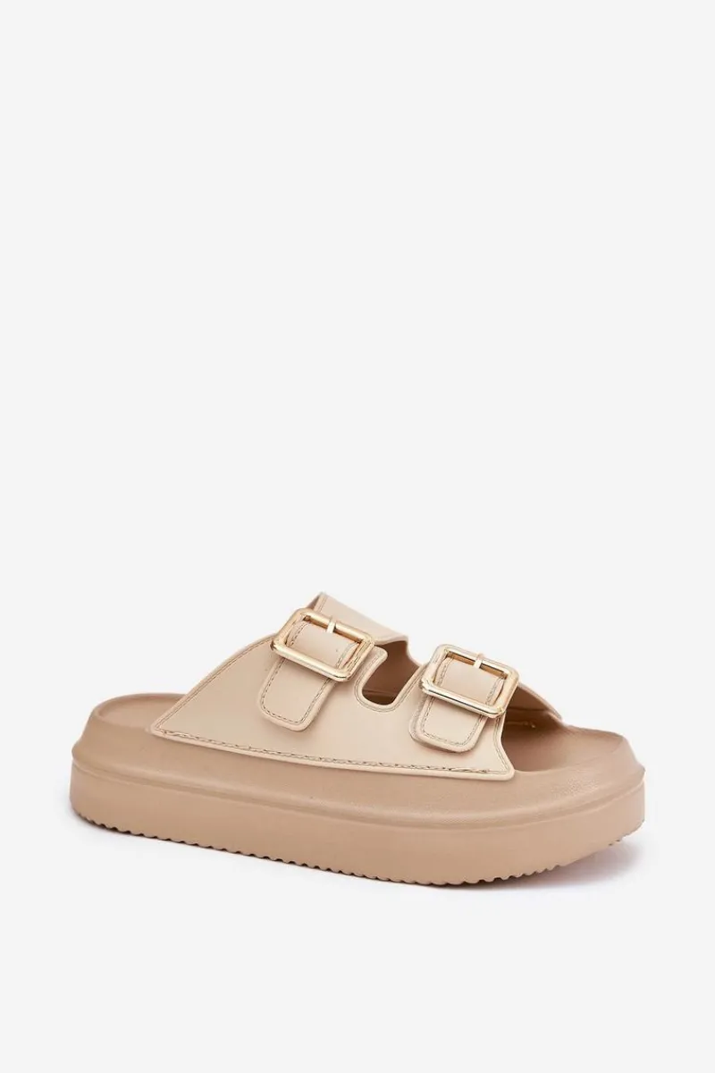 Discount Boto Klapki Damskie Na Platformie Ze Złotymi Klamrami Beżowe Zorila