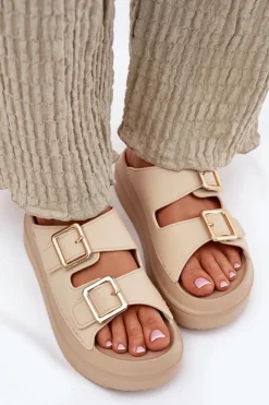 Discount Boto Klapki Damskie Na Platformie Ze Złotymi Klamrami Beżowe Zorila