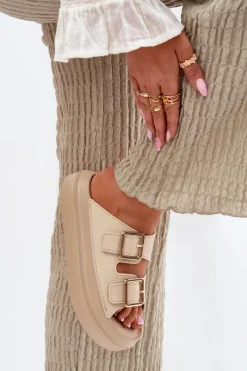 Discount Boto Klapki Damskie Na Platformie Ze Złotymi Klamrami Beżowe Zorila