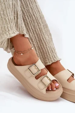 Discount Boto Klapki Damskie Na Platformie Ze Złotymi Klamrami Beżowe Zorila