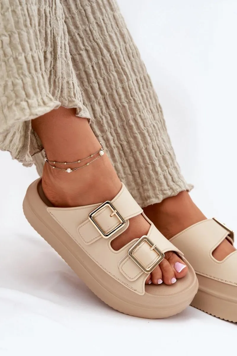 Discount Boto Klapki Damskie Na Platformie Ze Złotymi Klamrami Beżowe Zorila