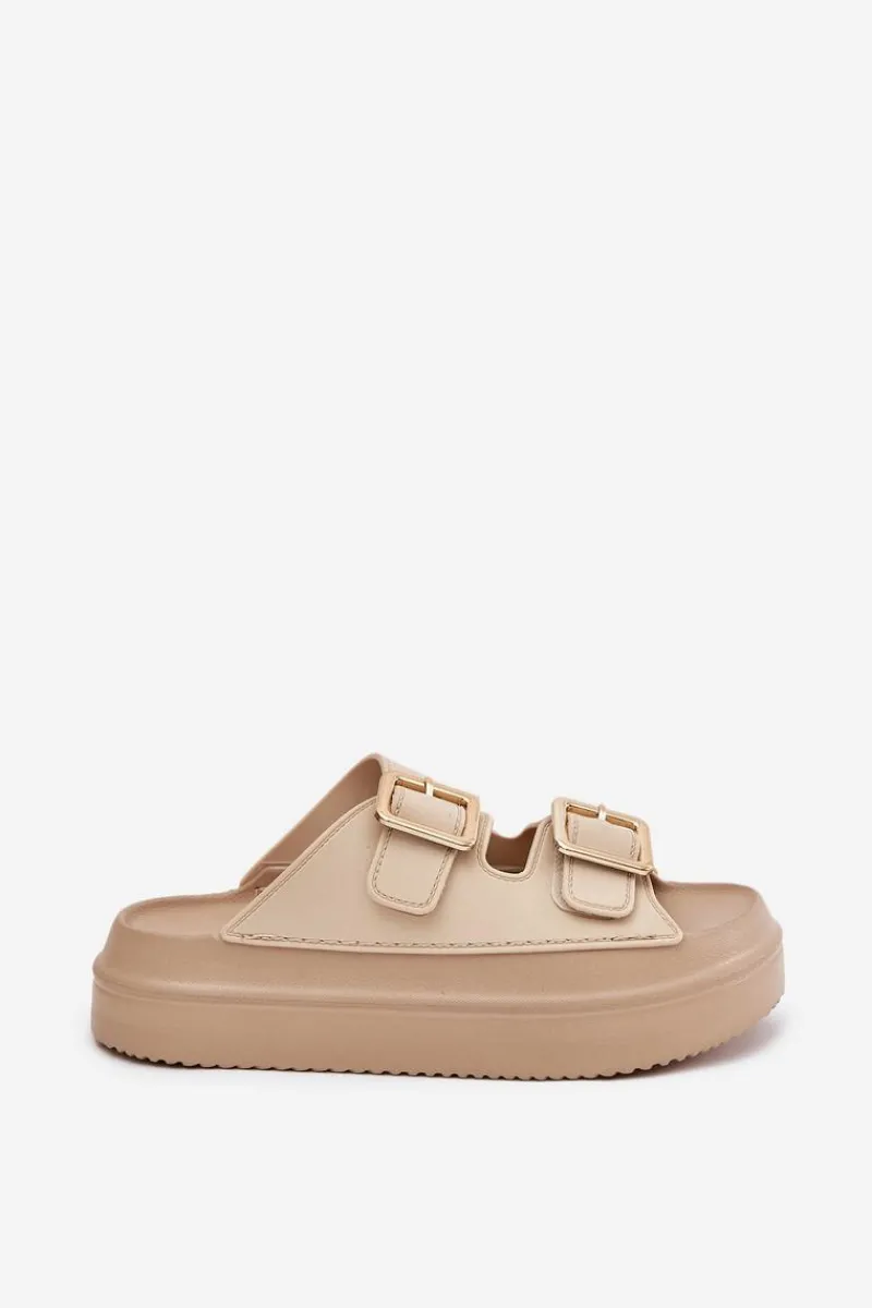 Discount Boto Klapki Damskie Na Platformie Ze Złotymi Klamrami Beżowe Zorila