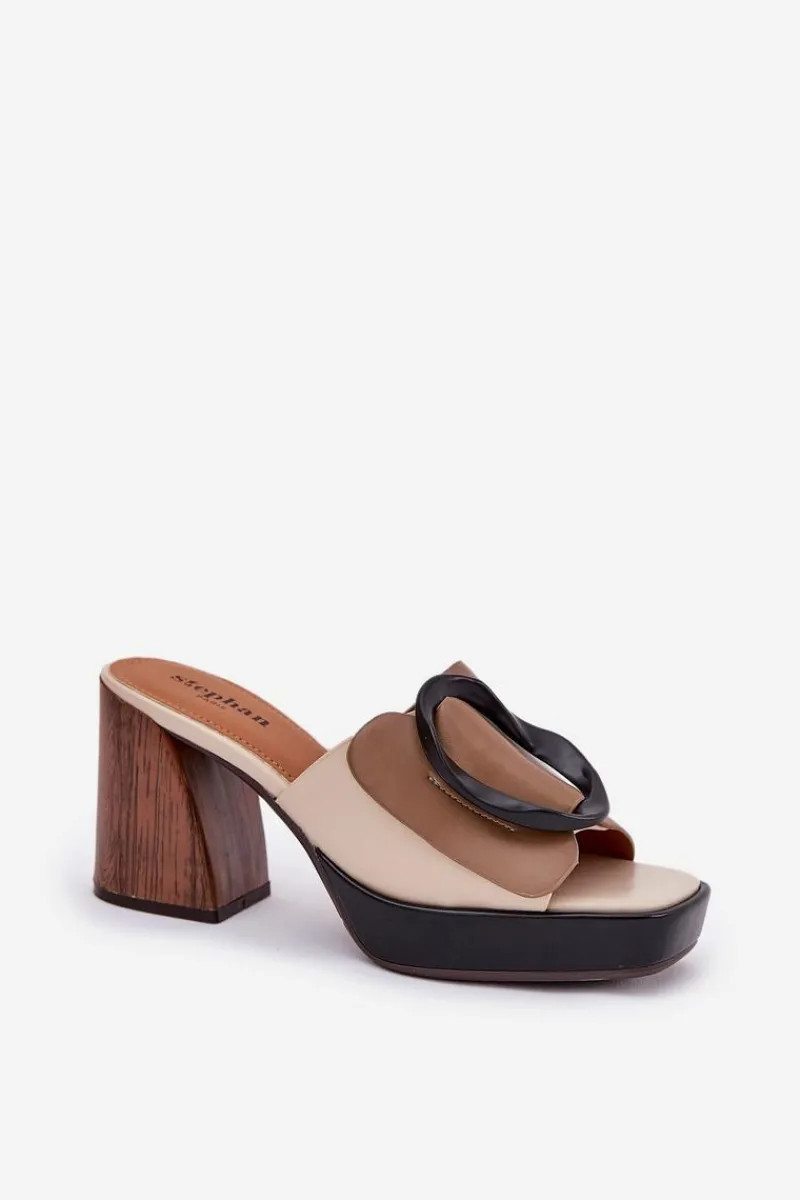 Klapki Na Obcasie|Klapki Damskie Klasyczne>Boto Klapki Damskie Na Słupkowym Obcasie Z Klamrą Ciemnobeżowe Amuria Beżowy