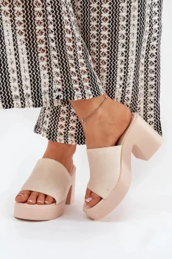 Clearance Klapki Damskie Na Słupku I Platformie Beżowe Omeisa Damskie Klapki Na Obcasie|Klapki Na Platformie