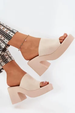 Clearance Klapki Damskie Na Słupku I Platformie Beżowe Omeisa Damskie Klapki Na Obcasie|Klapki Na Platformie