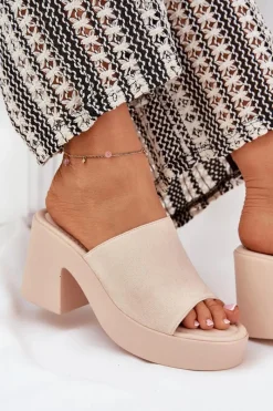 Clearance Klapki Damskie Na Słupku I Platformie Beżowe Omeisa Damskie Klapki Na Obcasie|Klapki Na Platformie