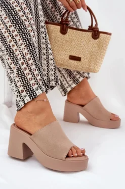 Best Klapki Damskie Na Słupku I Platformie Khaki Omeisa Damskie Klapki Na Obcasie|Klapki Na Platformie