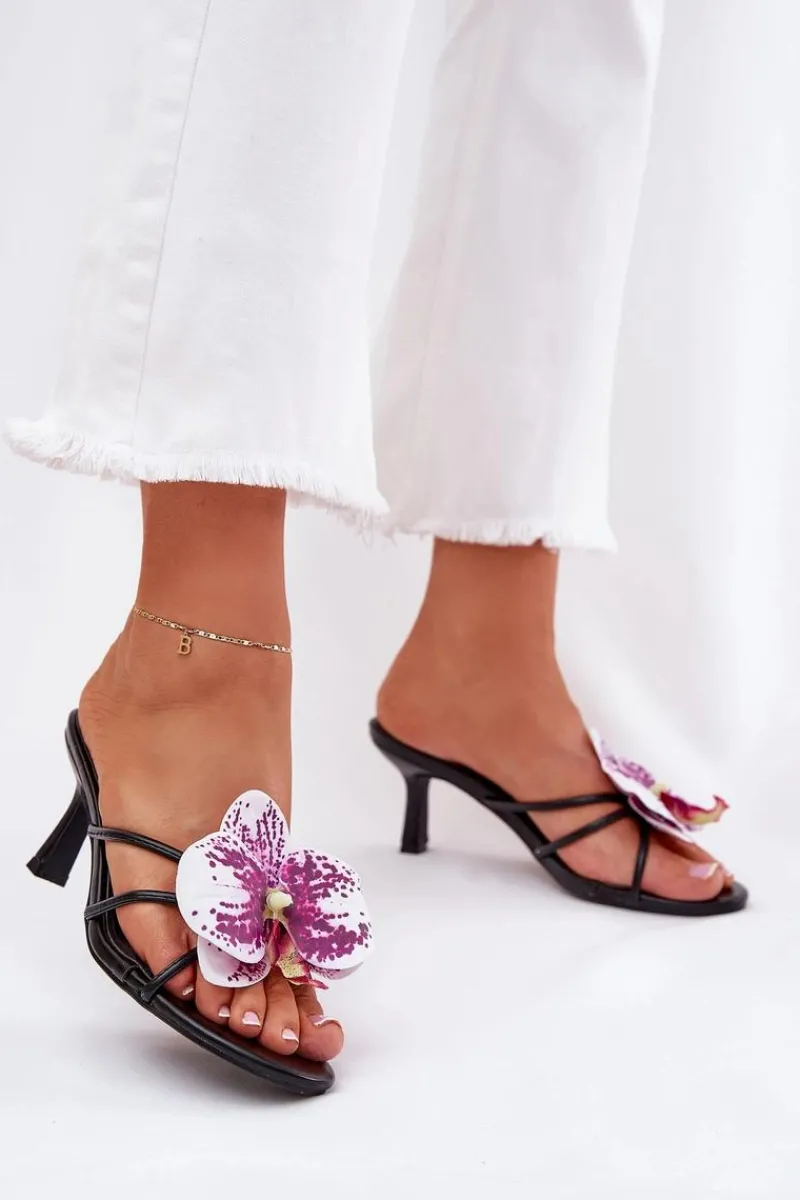 Online Klapki Damskie Na Szpilce Ze Sztucznym Kwiatem Czarne Reyi Damskie Klapki Na Obcasie|Klapki Damskie Klasyczne