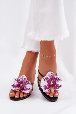 Online Klapki Damskie Na Szpilce Ze Sztucznym Kwiatem Czarne Reyi Damskie Klapki Na Obcasie|Klapki Damskie Klasyczne