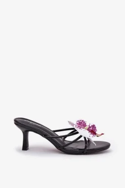 Online Klapki Damskie Na Szpilce Ze Sztucznym Kwiatem Czarne Reyi Damskie Klapki Na Obcasie|Klapki Damskie Klasyczne