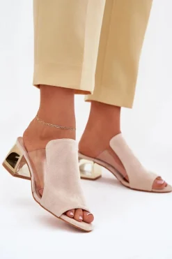 New Klapki Damskie Na Złotym Słupku Jasnobeżowe Tessira Damskie Klapki Na Obcasie|Klapki Damskie Klasyczne