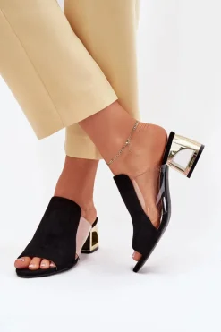 Klapki Na Obcasie|Klapki Damskie Klasyczne>Boto Klapki Damskie Na Złotym Słupku Czarne Tessira