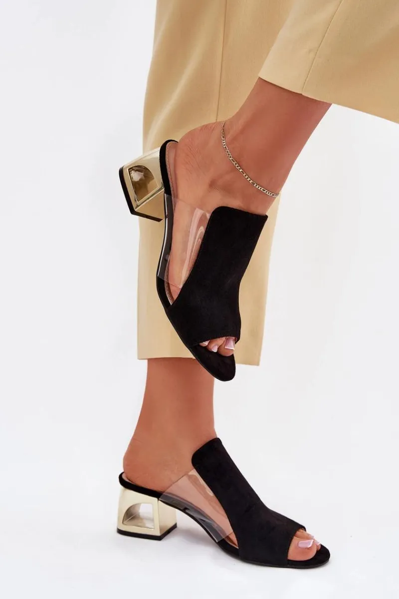 Klapki Na Obcasie|Klapki Damskie Klasyczne>Boto Klapki Damskie Na Złotym Słupku Czarne Tessira