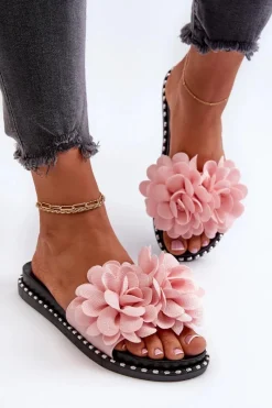 Discount Boto Klapki Damskie Ozdobione Kwiatami Różowe Cellanen